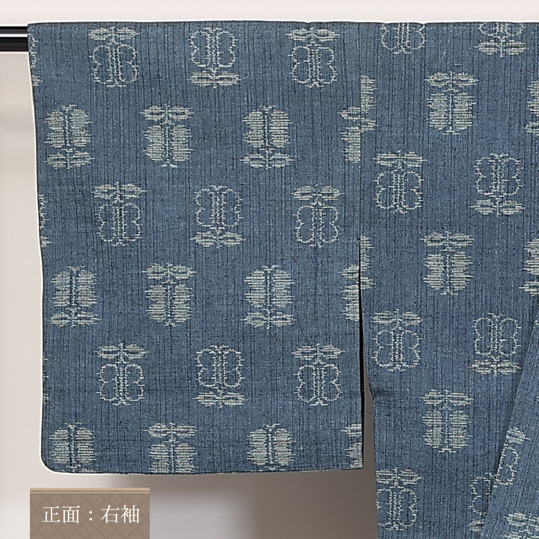 紬 単衣 身丈155cm 裄丈64cm 正絹 Sランク カジュアル バチ衿 Mサイズ 椿 青系 RP 1223-03747
