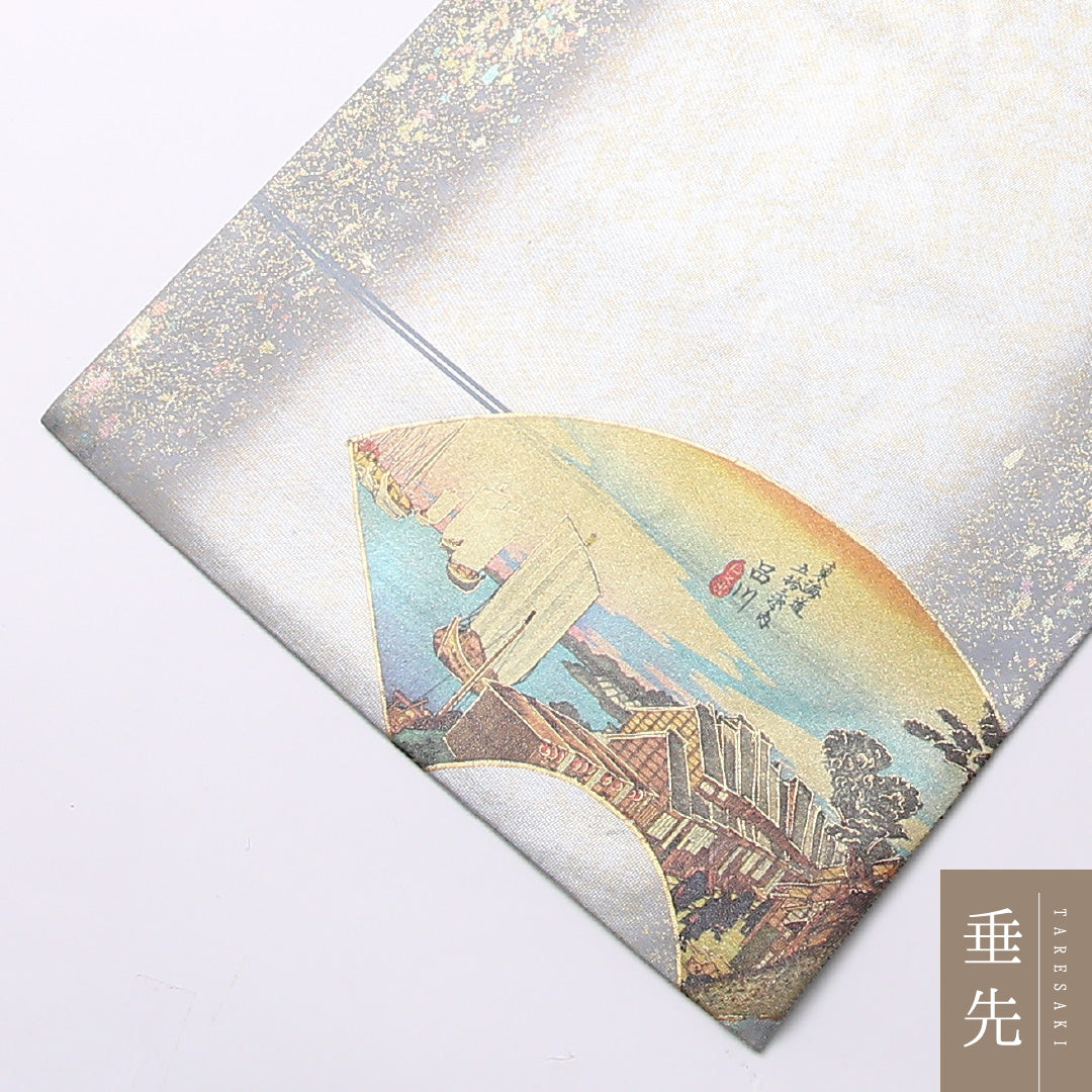 東海道五十三次 袋帯 帯丈428cm ポイント柄 フォーマル Aランク 正絹 金箔  引箔 螺鈿 現代的 粋 グレー系 1223-01491