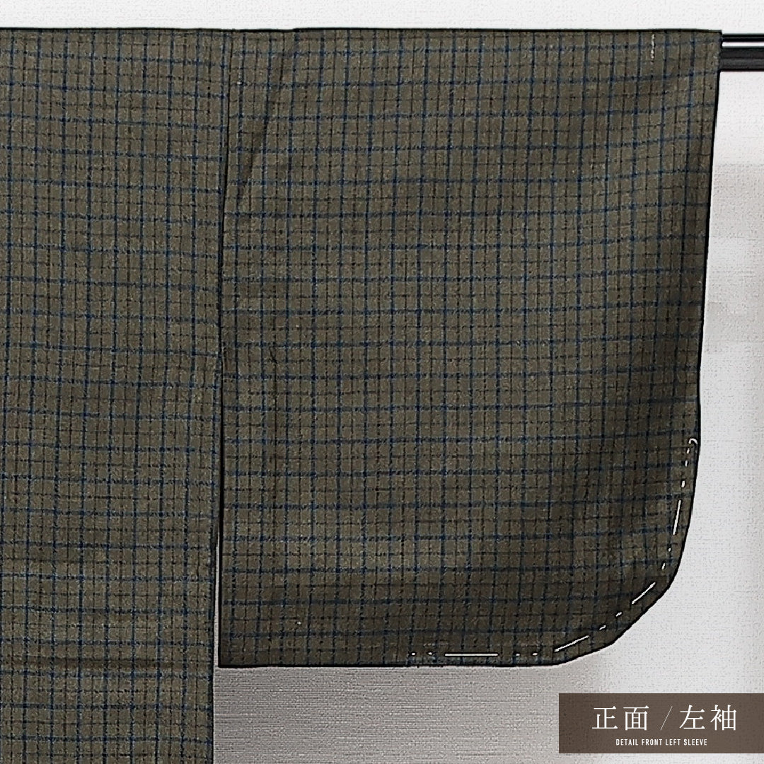 洗える着物 ウールの紬 単衣 身丈151cm 裄丈63cm ウール Aランク カジュアル 広衿 Sサイズ 居敷当て 肩当て 格子 緑系 HP 1223-14568