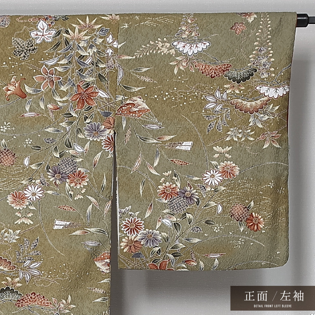 小紋 袷 身丈159cm 裄丈64cm 正絹 Sランク インフォーマル 広衿 Mサイズ 型染め ぼかし染 鼓 花柄 吉祥文様 緑系 RP 1221-11980