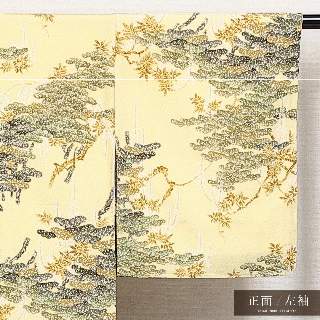 小紋 袷 身丈152cm 裄丈63cm 正絹 Sランク インフォーマル 広衿 Sサイズ 染め紬 藤 松 黄系 M4 1221-14004