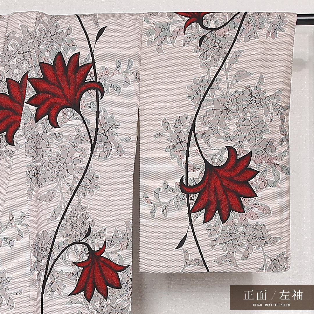 アンティーク お召 袷 身丈150cm 裄丈65cm 正絹 Aランク バチ衿 Sサイズ 植物柄 グレー系 RP 1222-13221