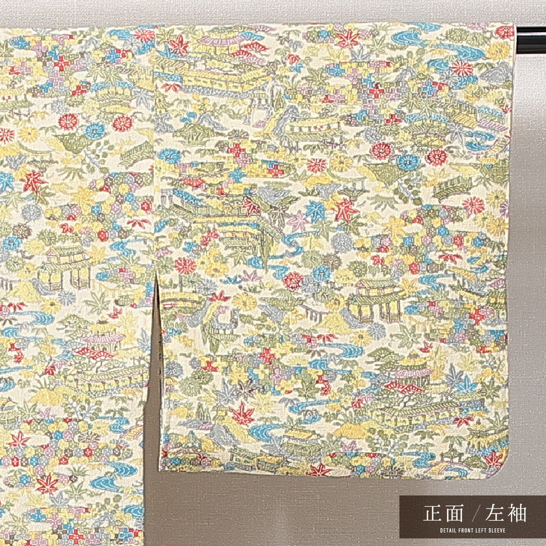 小紋 袷 身丈147cm 裄丈61cm 正絹 Sランク インフォーマル バチ衿 XSサイズ 楼閣 花柄 クリーム系 RP 1221-14933