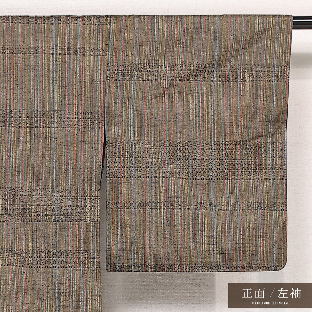 紬 単衣 身丈161cm 裄丈65cm 正絹 Sランク カジュアル 広衿 Lサイズ 縞 伝統的 落ち着き 茶系 HP 1223-13277