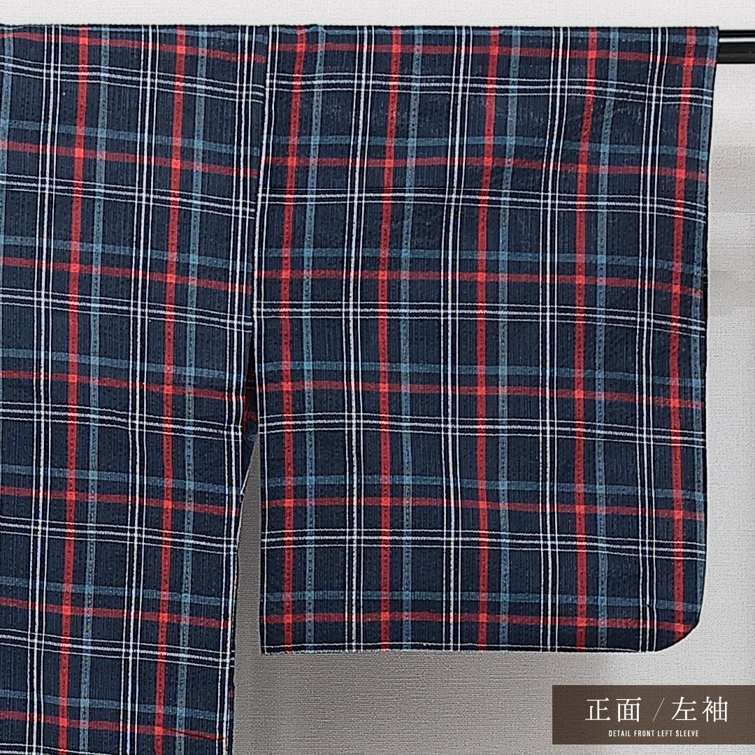 麻の紬 夏物 洗える着物 夏物 身丈157cm 裄丈64cm 麻 Cランク Mサイズ バチ衿 カジュアル 肩当て 格子 紺系 1216-14570