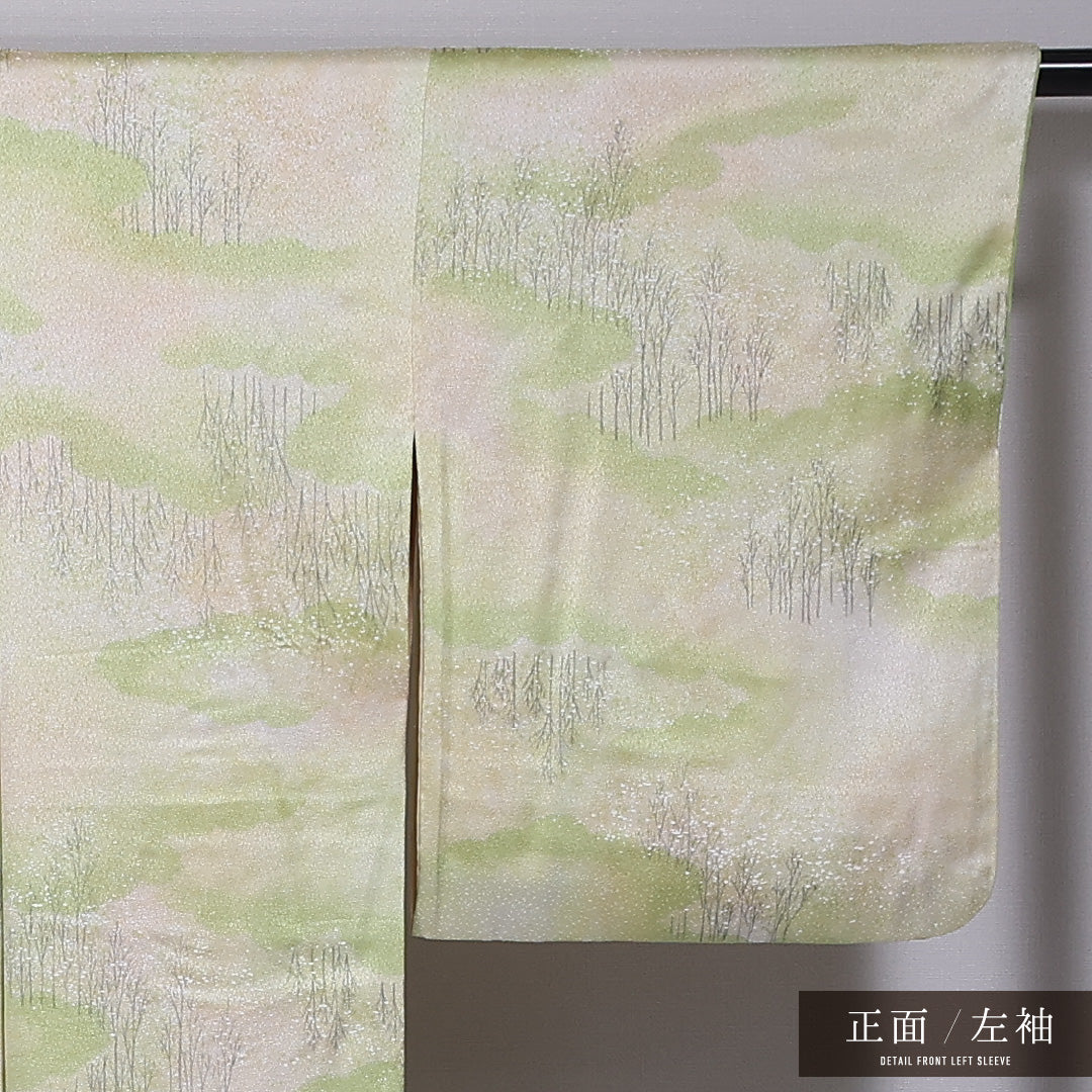 小紋 袷 身丈158cm 裄丈64cm 正絹 Aランク インフォーマル 広衿 Mサイズ 山 雲取り 緑系 HP 1221-11741