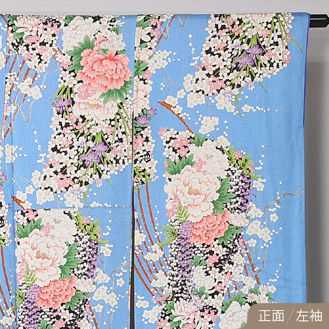 振袖 身丈165cm 裄丈66cm Bランク ポリエステル 洗える着物 袷 広衿 XL 芍薬 梅 フォーマル 独創的 華やか 水色系 1213-F0496