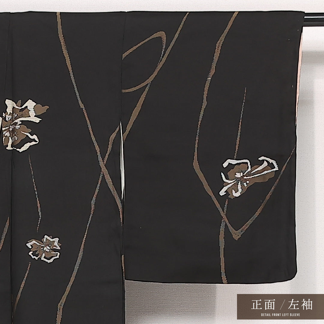 お召 袷 身丈149cm 裄丈62cm 正絹 Dランク インフォーマル 広衿 XSサイズ 花柄 黒系 LP 1222-13284