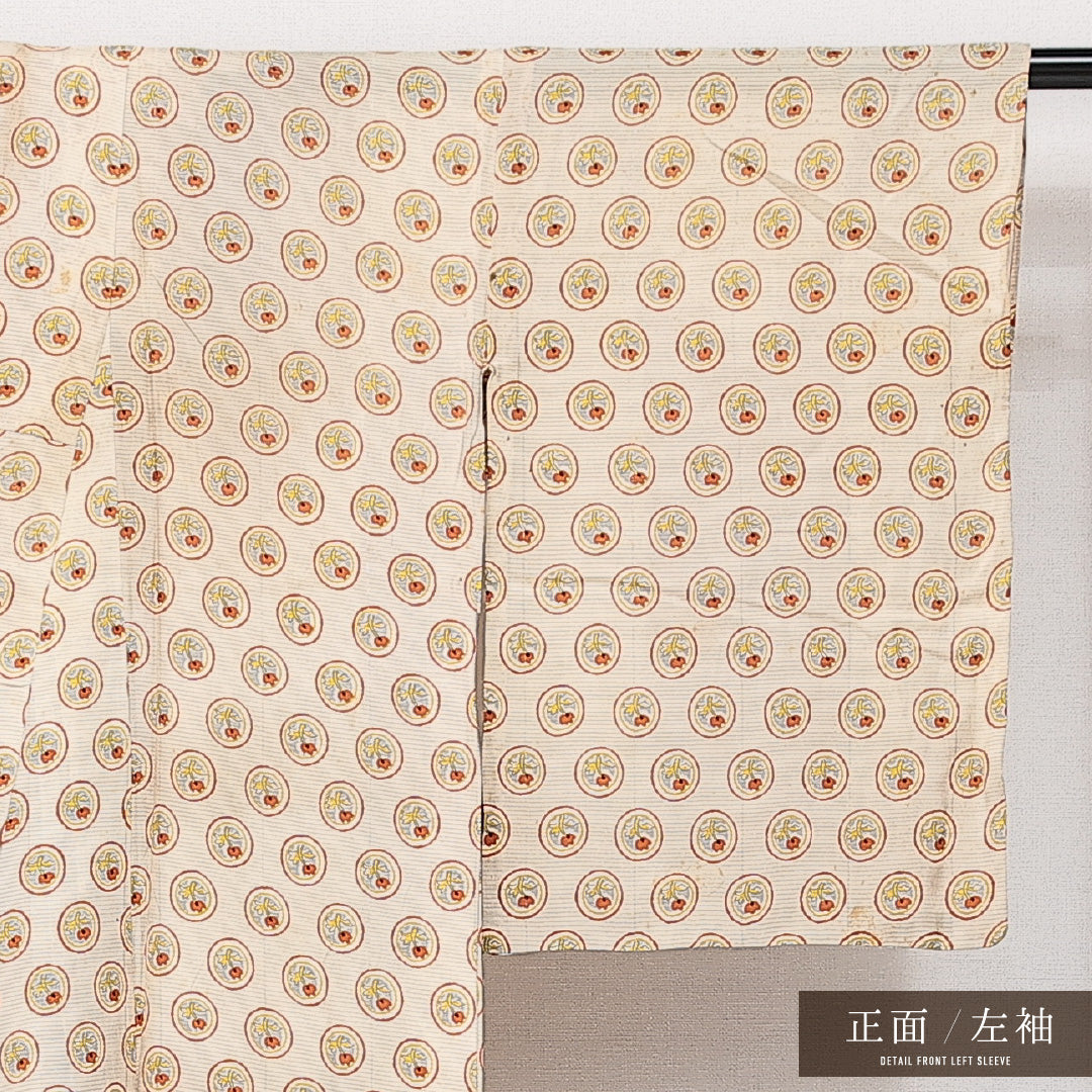 アンティーク 夏物 小紋 絽 身丈142cm 裄丈64cm 正絹 Cランク 広衿 XSサイズ 花柄 クリーム系 RP 1221-14240