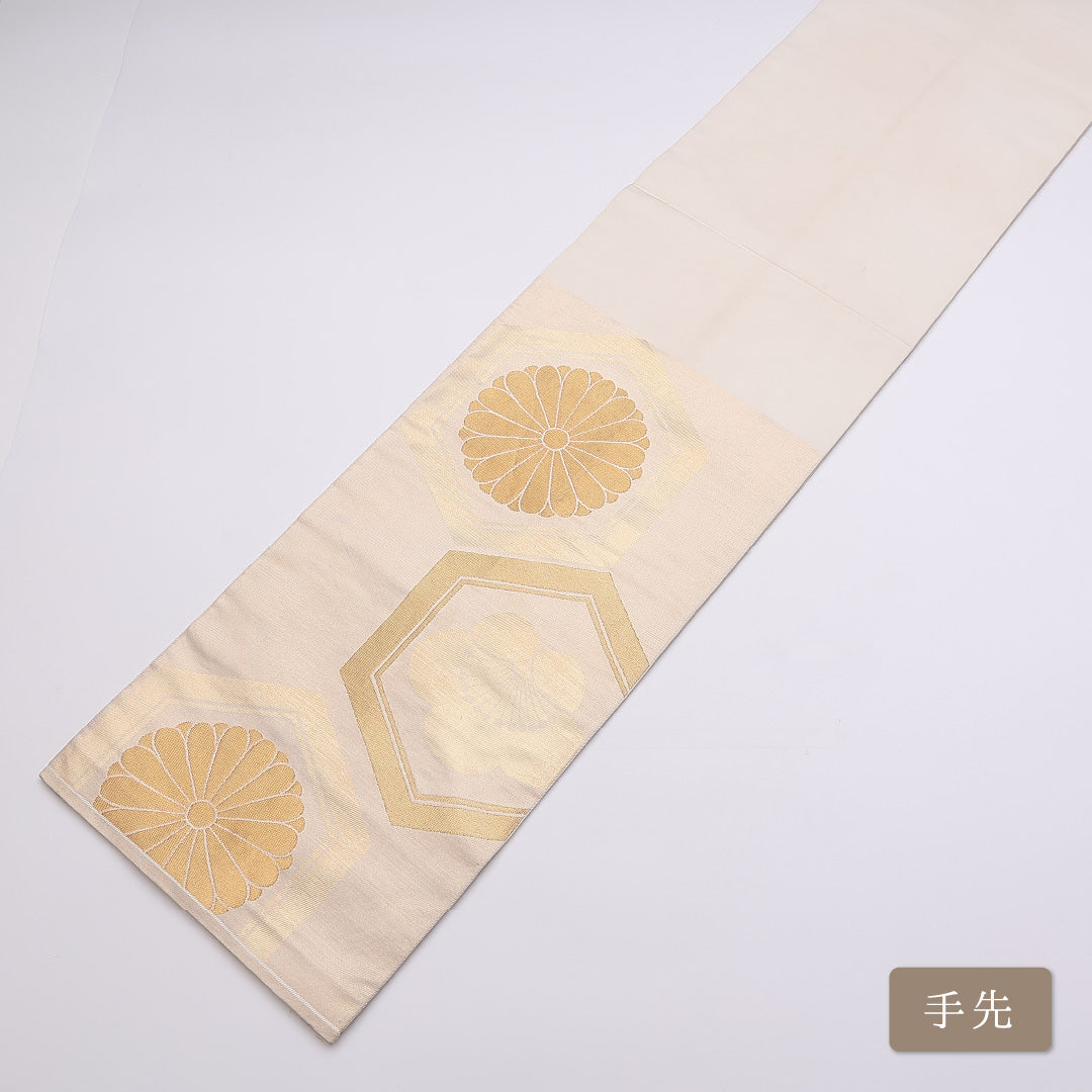 袋帯 帯丈440cm 六通 御所菊 梅 亀甲 金系 フォーマル クリーム系 正絹 Aランク 1223-00851