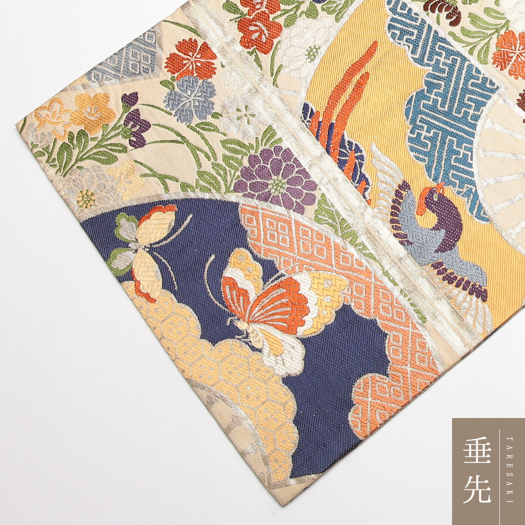 アンティーク 丸帯 全通 帯丈388cm Aランク 正絹 尾長鳥 蝶 扇子 クリーム系 1223-01422