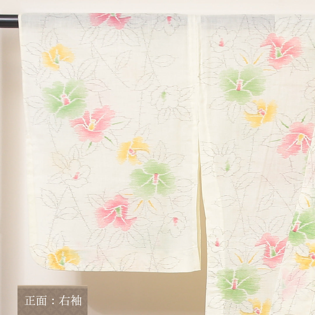 麻の紬 夏物 洗える着物 夏物 身丈163cm 裄丈66cm 麻 Sランク Lサイズ バチ衿 カジュアル 椿 クリーム系 白系 1216-03478