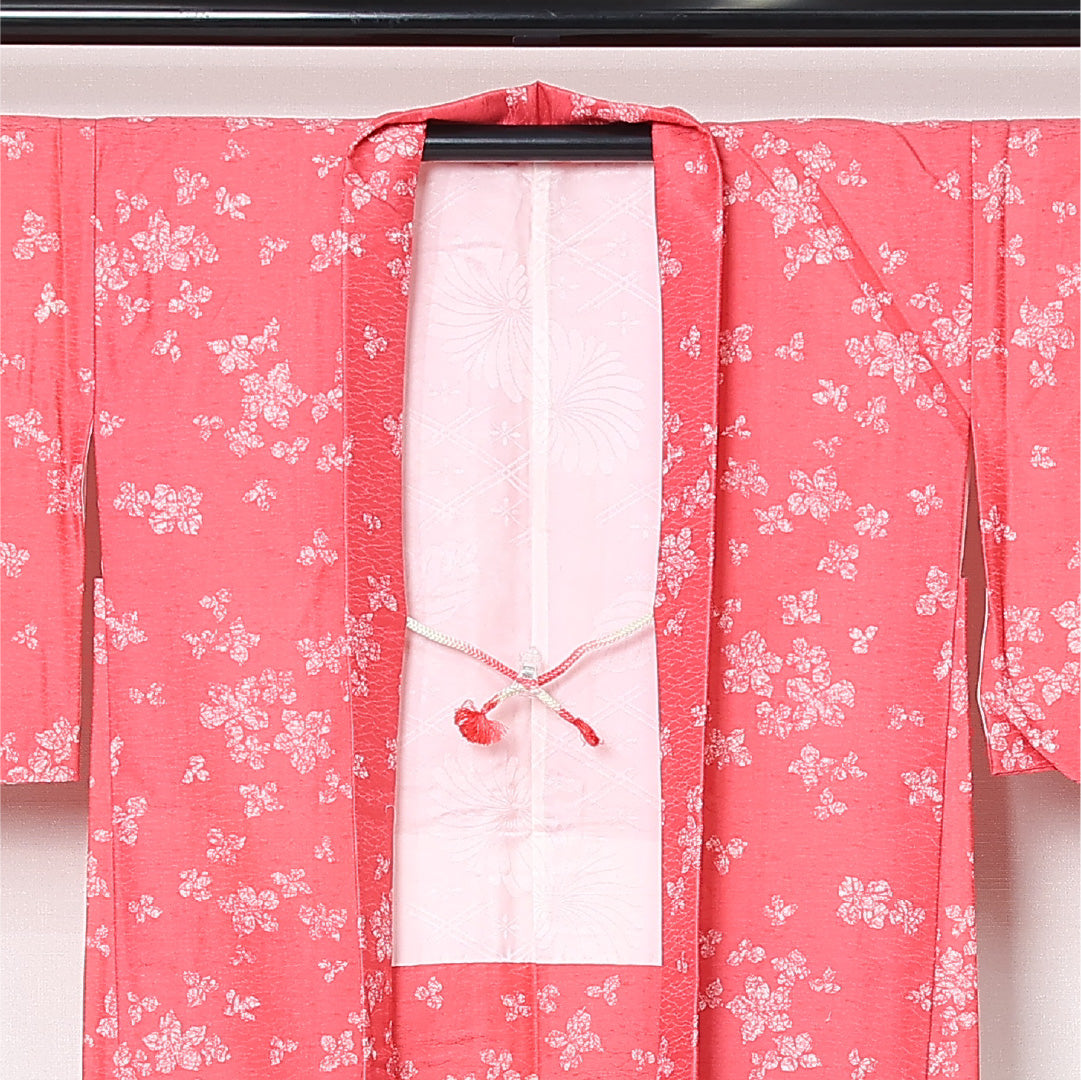 羽織 袷 身丈78cm 裄丈65cm 正絹 Sランク カジュアル Mサイズ 紐あり 花柄 ピンク系 RP 1232-12835