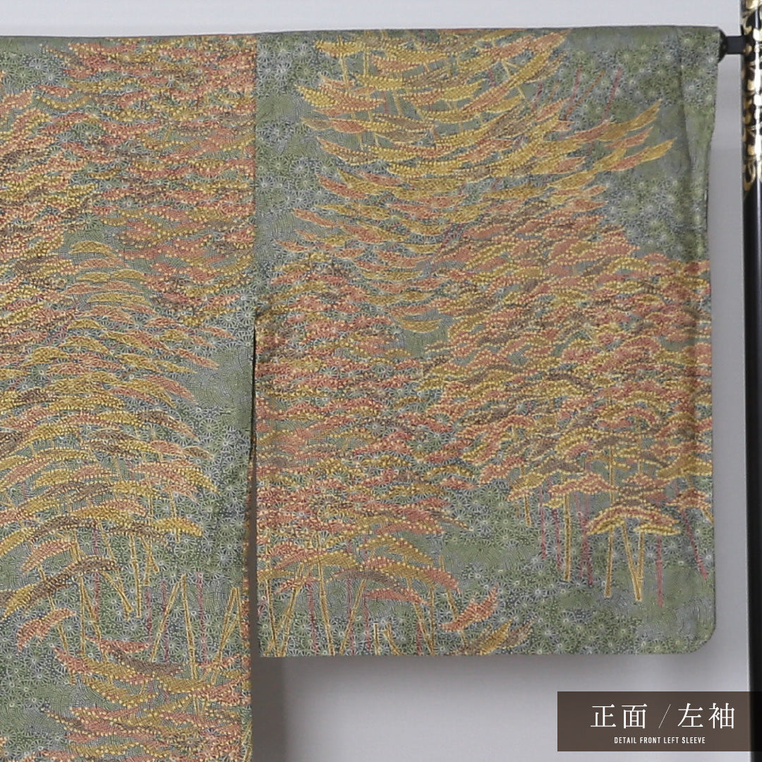 小紋 身丈158cm 裄丈68cm Sランク M ポリエステル 洗える着物 単衣 広衿 クラシカル 居敷当て 風景柄 カジュアル 緑系 1215-12340