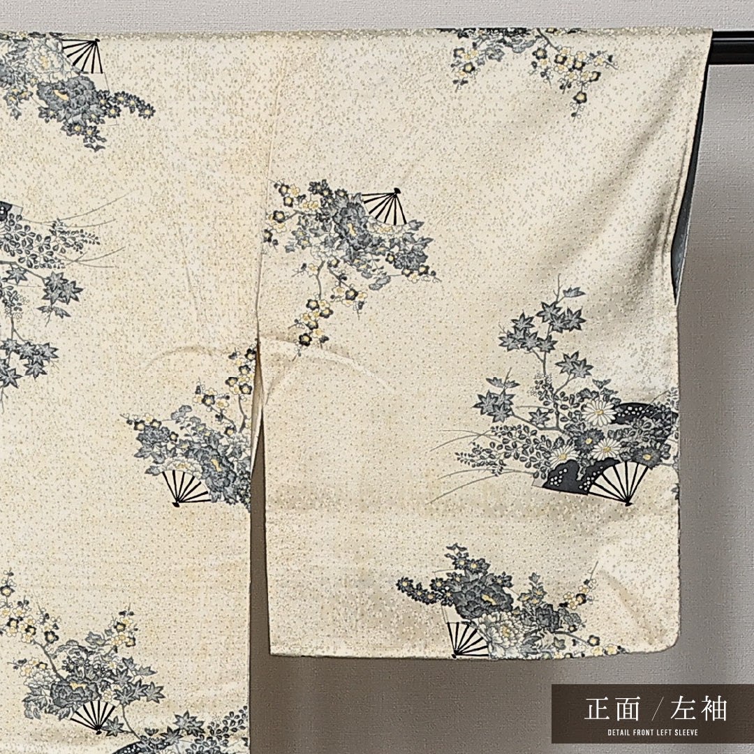 小紋 袷 身丈166cm 裄丈64cm 正絹 Sランク インフォーマル 広衿 XLサイズ 花扇 クリーム系 RP 1221-14175