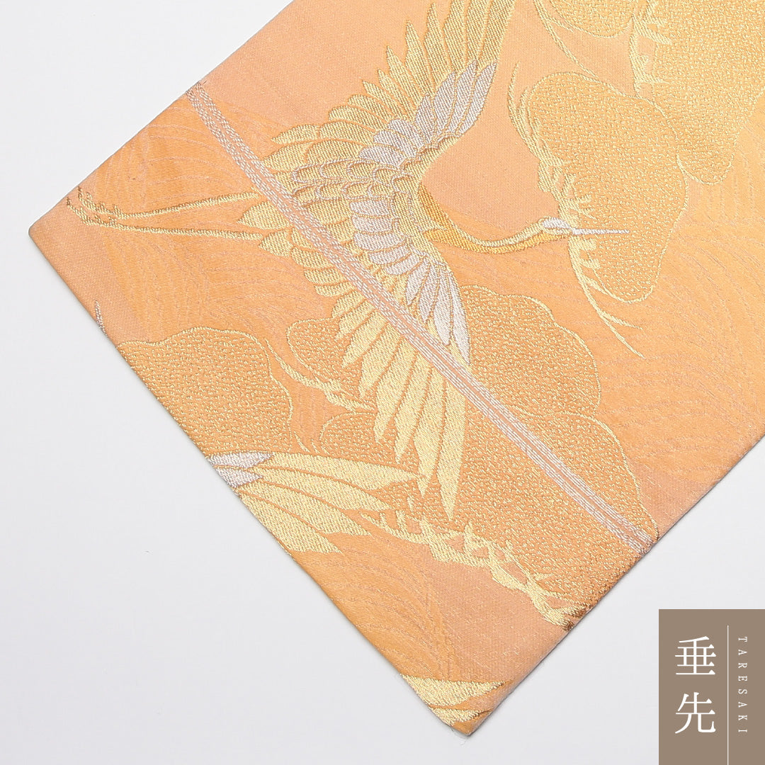 袋帯 帯丈412cm 六通 鶴 松 フォーマル 朱系 正絹 Aランク 1223-01325