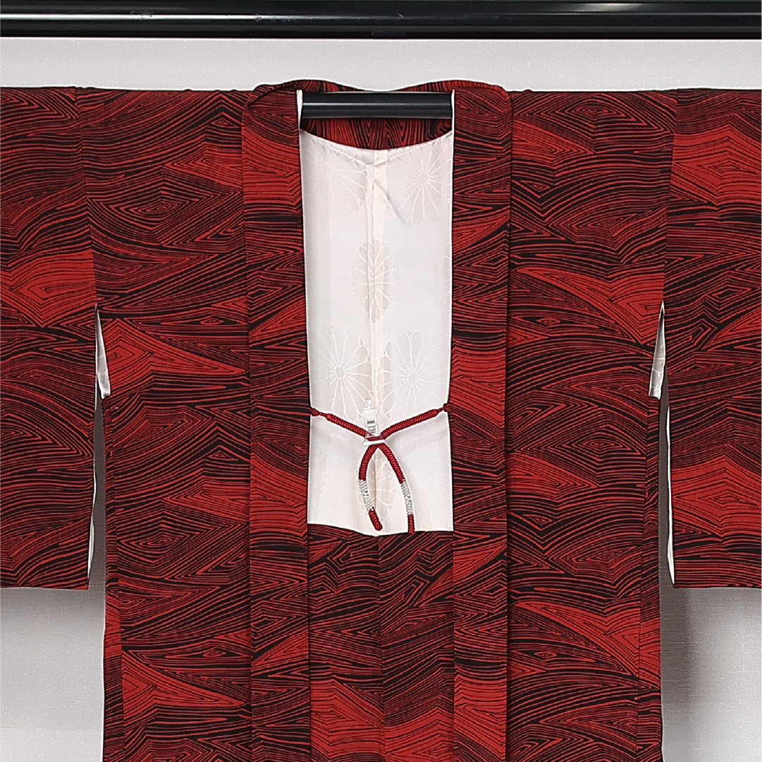 羽織 袷 身丈82cm 裄丈64cm 正絹 Sランク カジュアル Mサイズ 紐あり 創作柄 赤系 M4 1232-12616