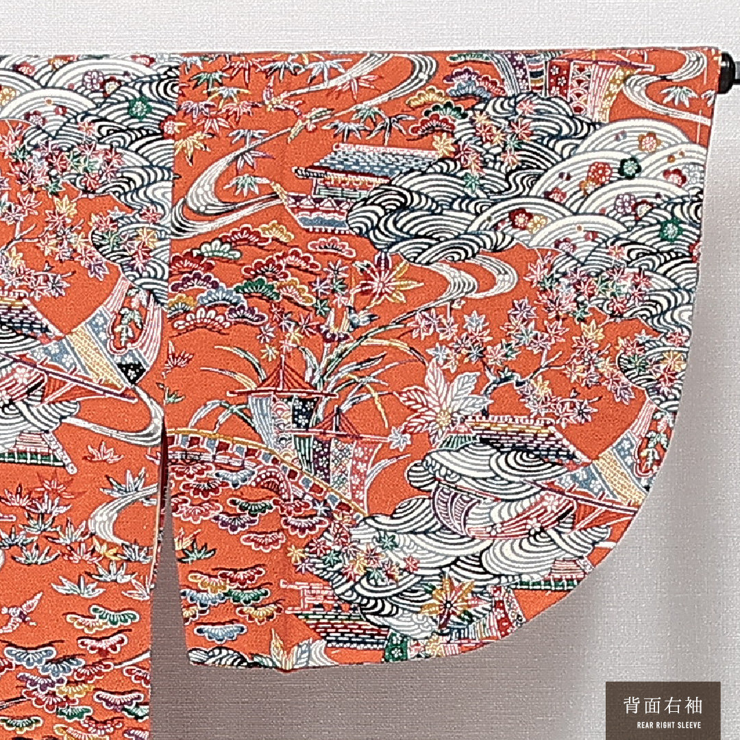道中着 袷 身丈81cm 裄丈65cm 正絹 Sランク Mサイズ カジュアル ガード加工 紅型 ちりめん 吉祥文様 几帳 証紙 朱系 1264-14633