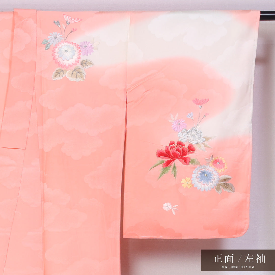 訪問着 袷 身丈161cm 裄丈67cm 正絹 Sランク 一つ紋 (中陰蔦) セミフォーマル バチ衿 Lサイズ 漆糸 刺繍 花車 ピンク系 M4 1217-11535