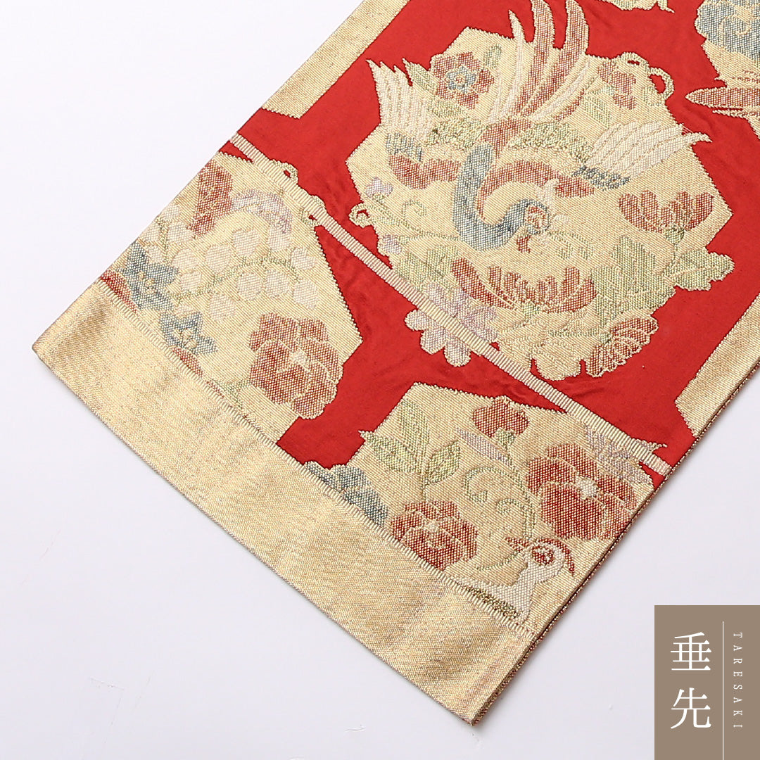 アンティーク 袋帯 帯丈414cm 六通 Aランク 正絹 花喰鳥 亀甲 古典的 重厚感 金系 1223-01530