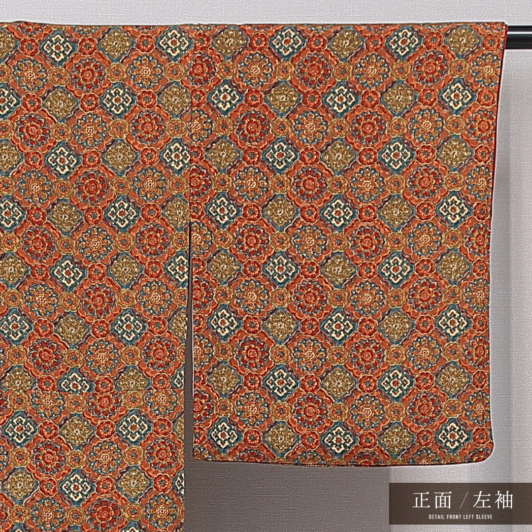 小紋 袷 身丈159cm 裄丈66cm 正絹 Aランク インフォーマル 広衿 Mサイズ 唐華 茶系 RP 1221-15620