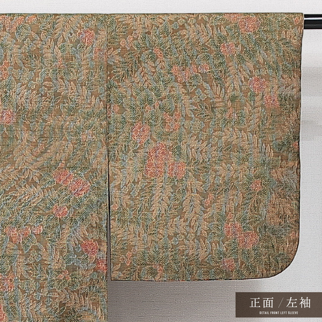 紬 袷 身丈155cm 裄丈64cm 正絹 Sランク カジュアル バチ衿 Mサイズ 植物柄 茶系 RP 1223-14553