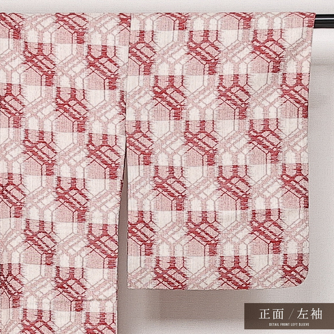 洗える着物 ウールの紬 単衣 身丈160cm 裄丈65cm ウール Sランク カジュアル Lサイズ 市松 赤系 RP 1223-13729