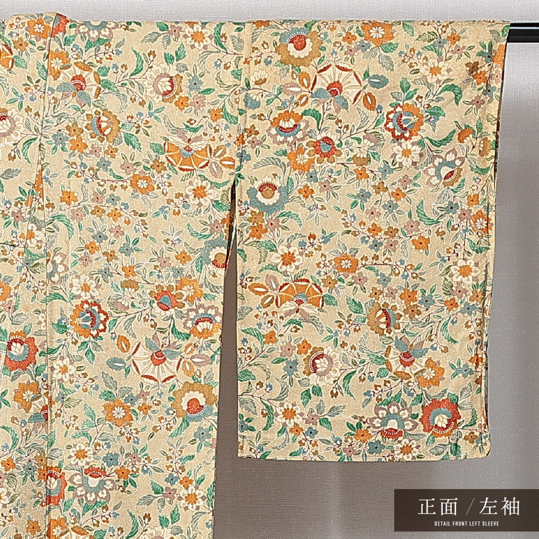 小紋 洗える着物 単衣 身丈158cm 裄丈65cm ポリエステル Cランク Mサイズ バチ衿 インフォーマル 花柄 ベージュ系 1215-15003