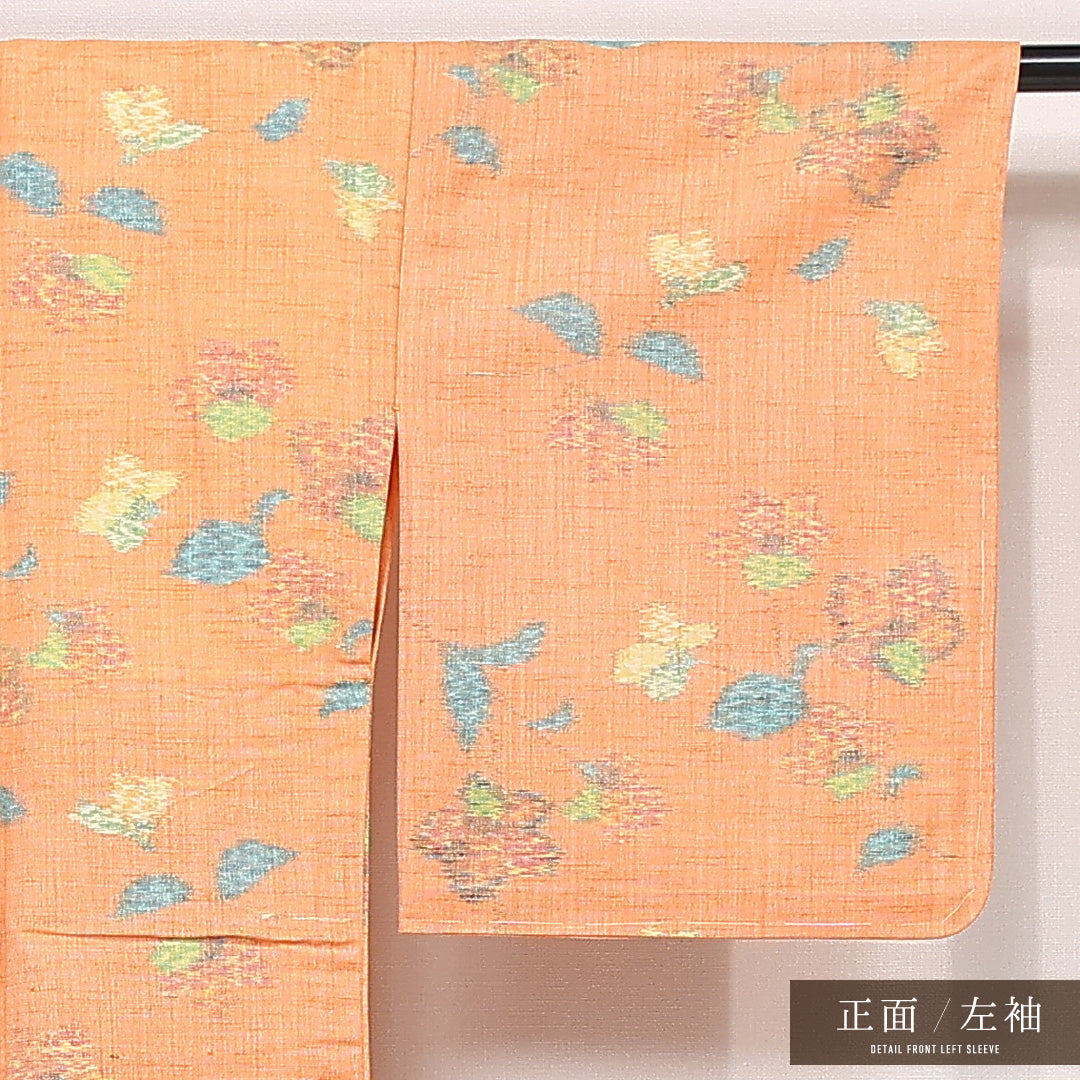 洗える着物 ウールの紬 単衣 身丈161cm 裄丈62cm ウール Aランク カジュアル バチ衿 Lサイズ 肩当て 花柄 朱系 RP 1223-13288