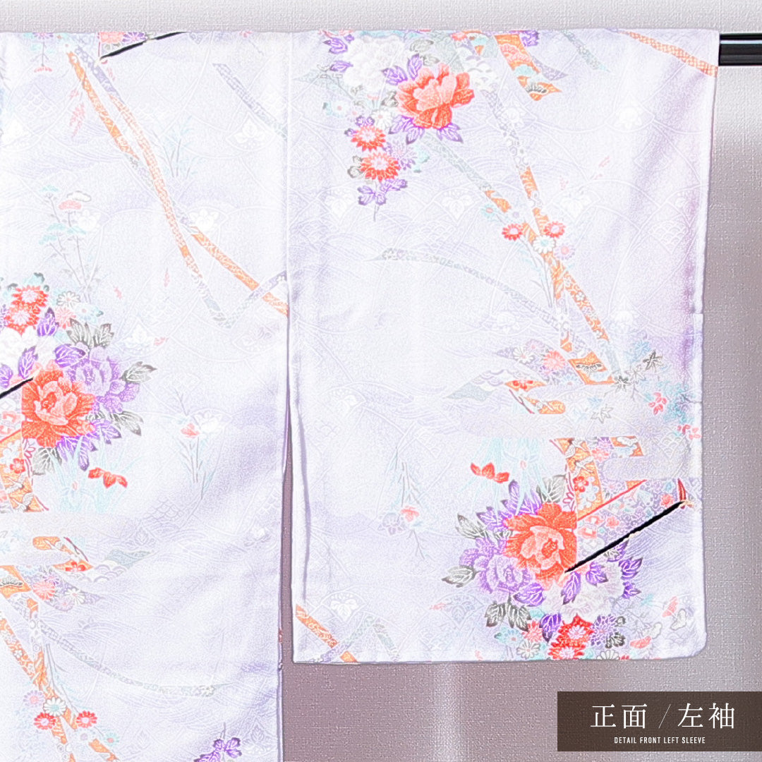 小紋 洗える着物 袷 身丈164cm 裄丈64cm ポリエステル Sランク Lサイズ 広衿 インフォーマル 牡丹 紫系 1215-14972