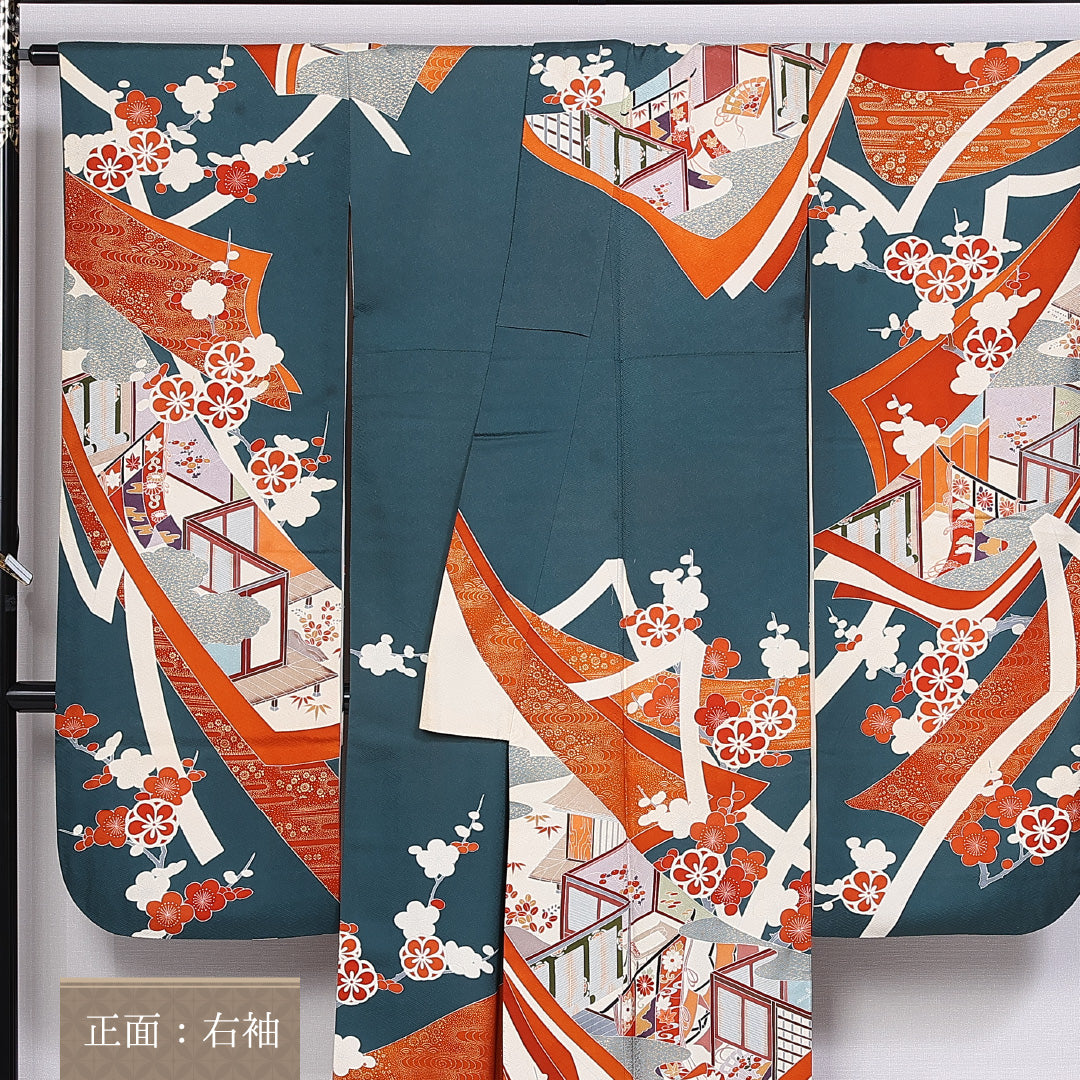 振袖 身丈162cm 裄丈66cm 袷 正絹 Bランク 広衿 梅 吉祥文様 1213-F0298