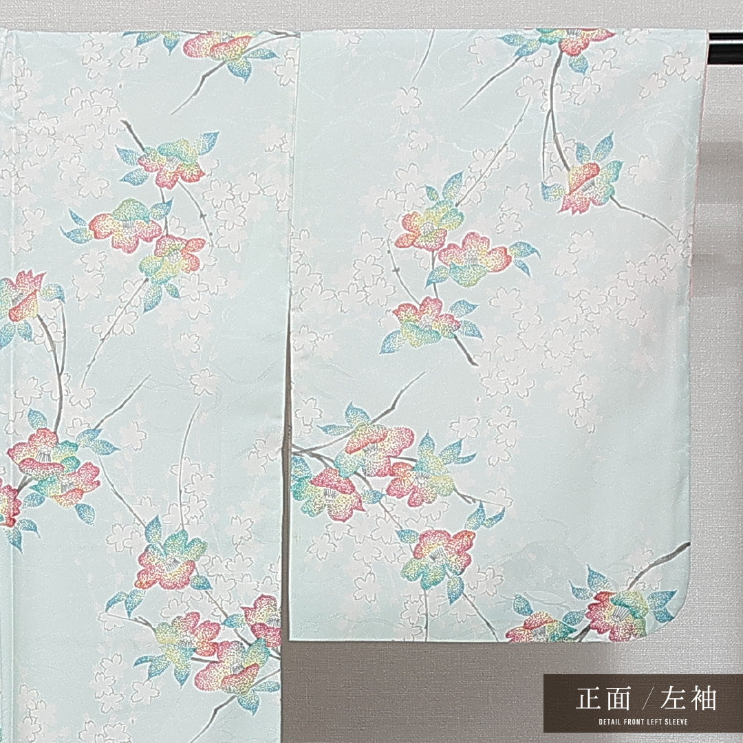 洗える着物 小紋 袷 身丈154cm 裄丈63cm ポリエステル Aランク インフォーマル バチ衿 Sサイズ 花柄 水色系 HP 1221-14284