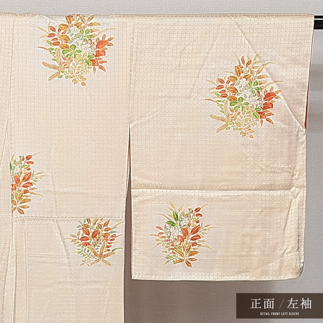 訪問着 袷 身丈153cm 裄丈61cm 正絹 Aランク セミフォーマル 広衿 Sサイズ 花柄 クリーム系 RP 1217-14245