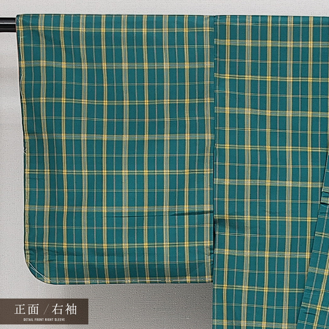 アンサンブル 紬 袷 身丈158cm 裄丈60cm 正絹 Aランク カジュアル 広衿 Mサイズ 格子 緑系 RP 1223-14516