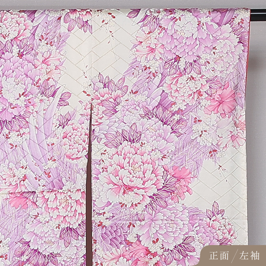 振袖 身丈162cm 裄丈62cm Aランク 袷 正絹 M 広衿 エレガント 吉祥文様 牡丹 花柄 紫系 1213-F0430
