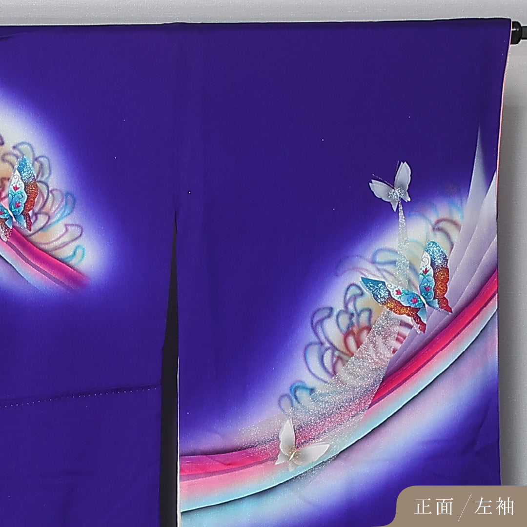 振袖 身丈167cm 裄丈68.5cm Sランク 袷 正絹 M 広衿 モダン ぼかし 蝶 吉祥文様 青系 1213-F0431
