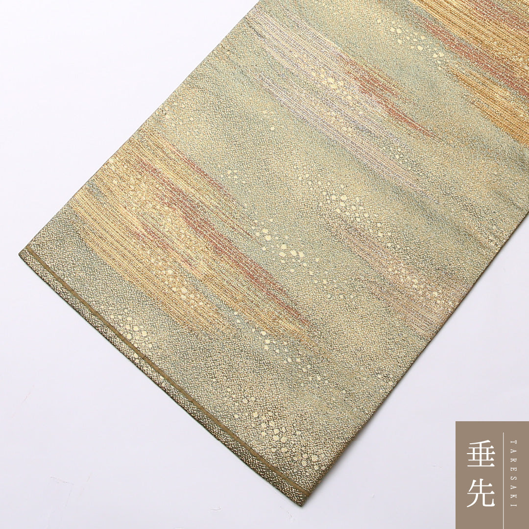 袋帯 帯丈432cm 正絹 六通 セミフォーマル 金霞 砂子 金系 緑系 1243-01497