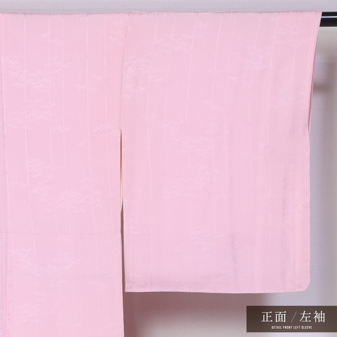 色無地 袷 身丈159cm 裄丈63cm 正絹 Aランク 一つ紋 (五三桐) 紋意匠 (笹) セミフォーマル 広衿 Mサイズ 無地 ピンク系 M4 1219-11529