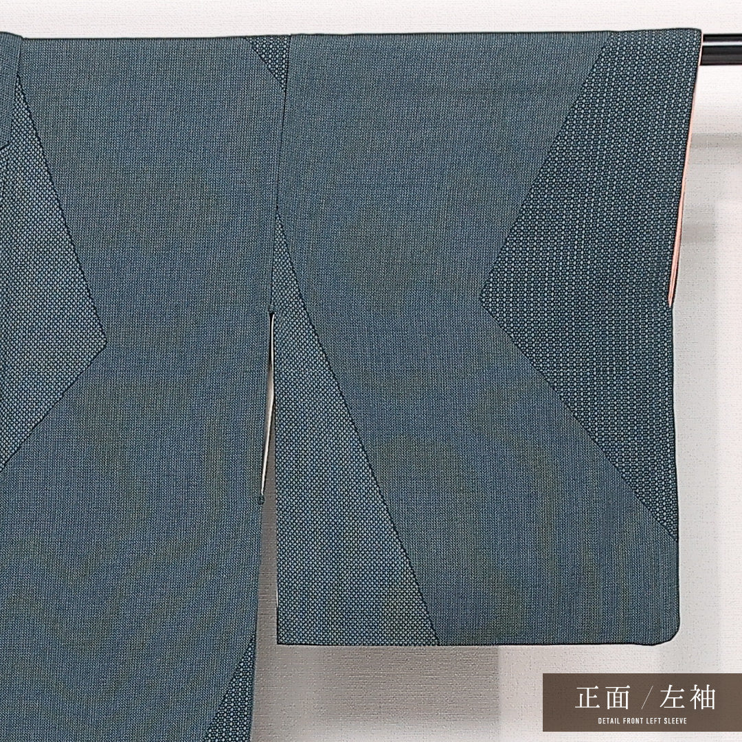 お召 袷 身丈152cm 裄丈63cm 正絹 Cランク インフォーマル 広衿 Sサイズ 創作柄 緑系 HP 1222-13371