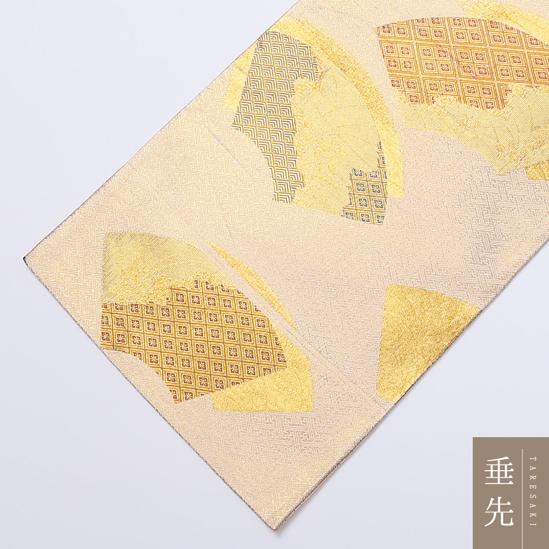 袋帯 帯丈450cm 六通 檜扇 紋意匠 フォーマル 金系 正絹 Sランク 1223-00983