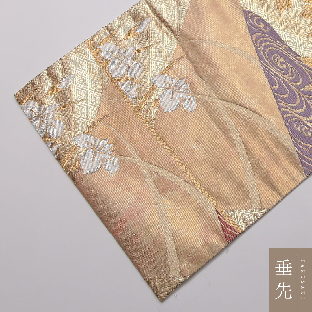 袋帯 六通 帯丈428cm フォーマル Sランク 正絹 牡丹 菖蒲 ベージュ系 1223-01423