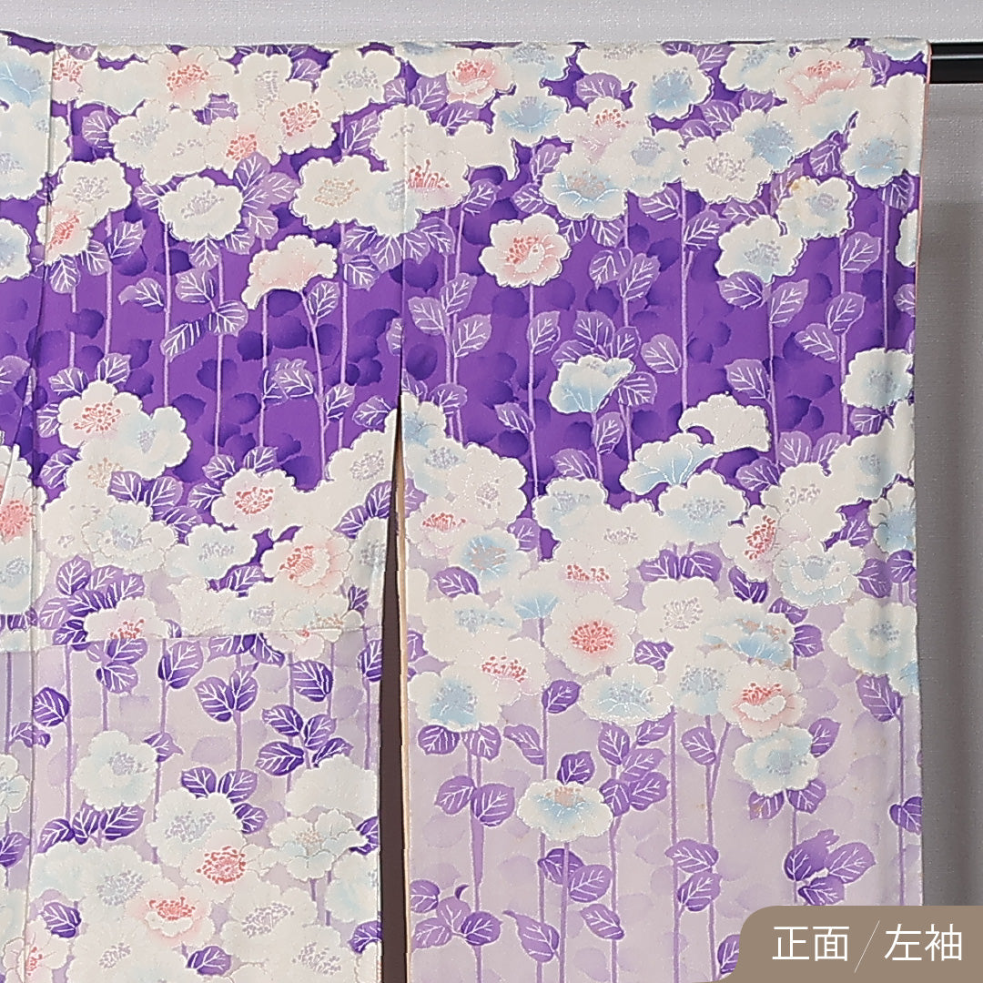振袖 身丈160cm 裄丈63.5cm Cランク 正絹 袷 広衿 L 銀駒刺繍 牡丹 フォーマル 独創的 華やか 紫系 1213-F0481