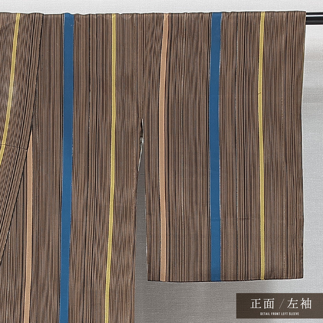 紬 袷 身丈158cm 裄丈63cm 正絹 Sランク Mサイズ 広衿 カジュアル 縞 茶系 緑系 1216-14771