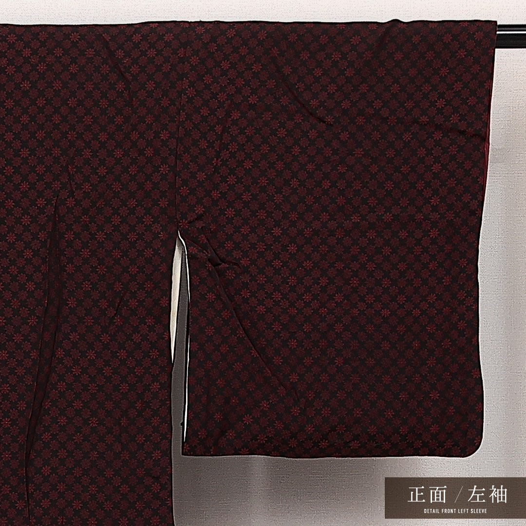 アンティーク お召 袷 身丈153cm 裄丈63cm 正絹 Aランク バチ衿 Sサイズ 花柄 黒系 RP 1222-14082