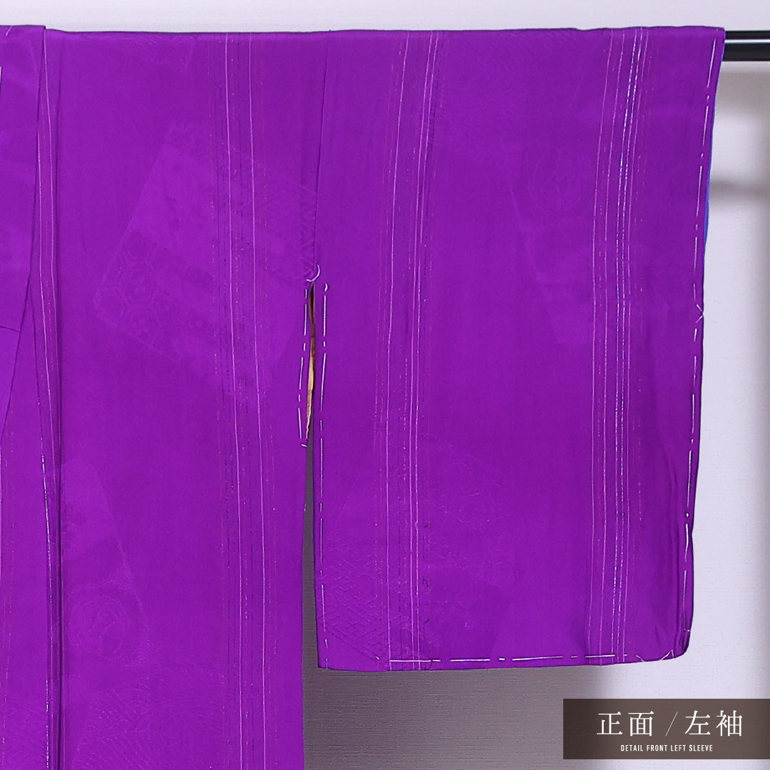 アンティーク 小紋 袷 身丈149cm 裄丈64cm 正絹 Aランク バチ衿 XSサイズ 無地 絵札 紫系 M4 1221-11767