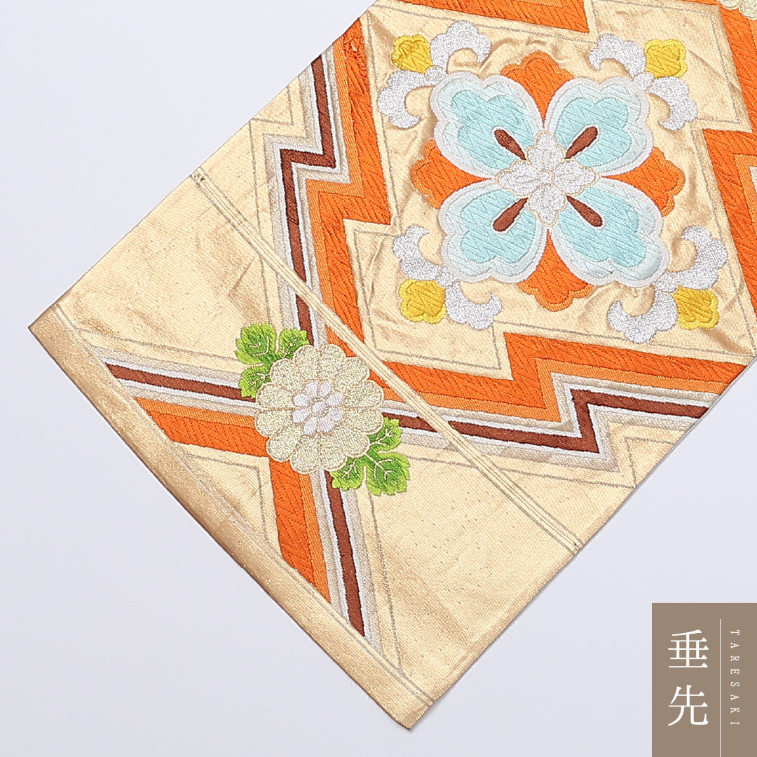 袋帯 帯丈424cm 六通 松皮菱 フォーマル 金系 正絹 Bランク 1223-00972