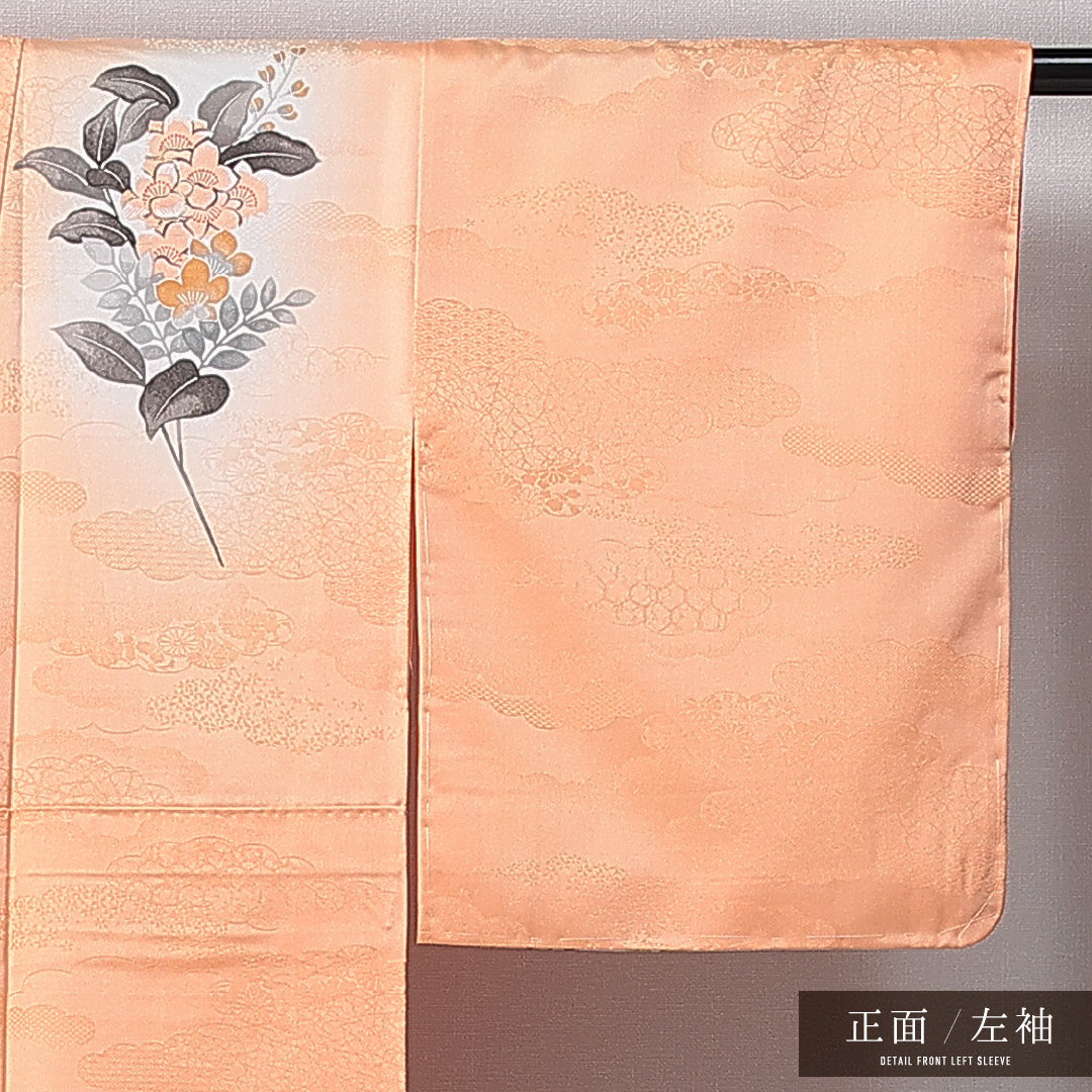 訪問着 洗える着物 袷 身丈154cm 裄丈64cm ポリエステル Sランク Sサイズ 広衿 セミフォーマル 椿 朱系 1212-14995