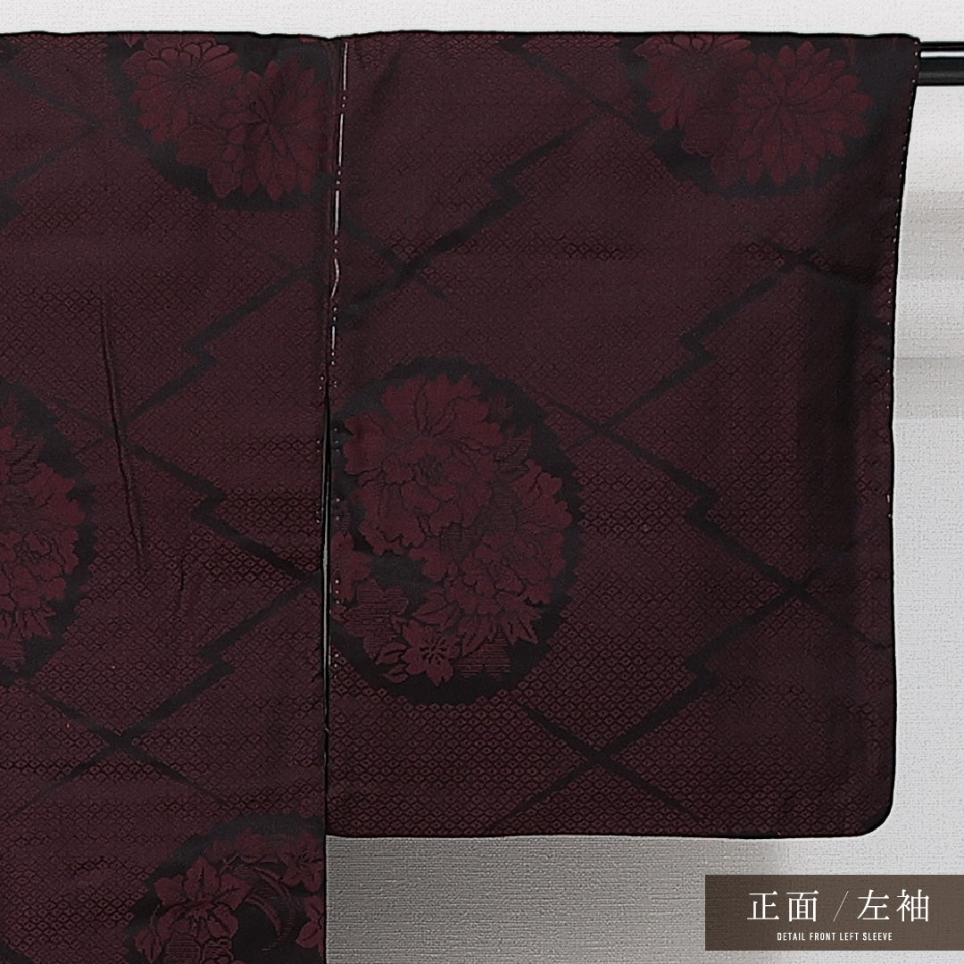 アンティーク お召 袷 身丈146cm 裄丈61cm 正絹 Aランク バチ衿 XSサイズ 松皮菱 花柄 赤系 RP 1222-14453
