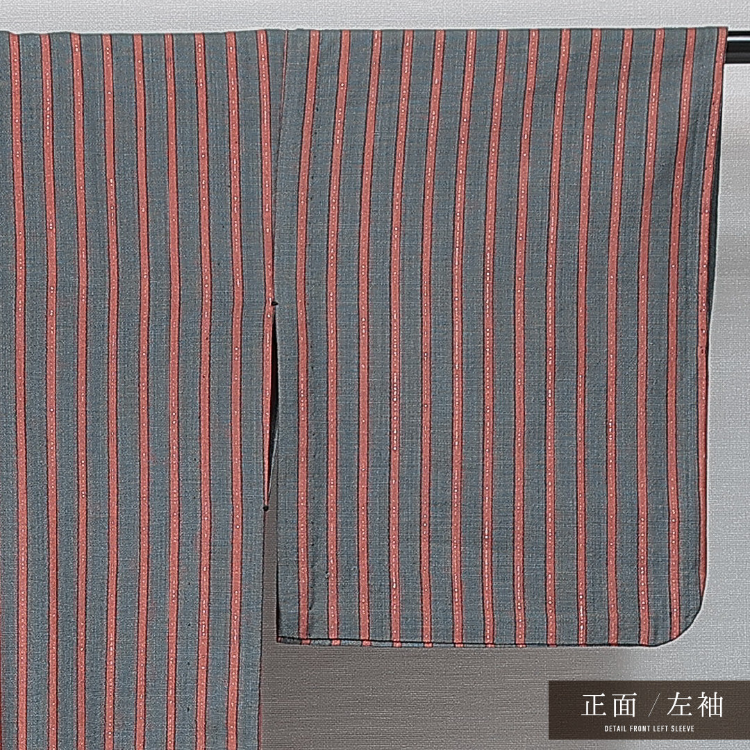 洗える着物 ウールの紬 単衣 身丈144cm 裄丈63cm ウール Aランク カジュアル バチ衿 XSサイズ 居敷当て 肩当て 縞 グレー系 HP 1223-14780