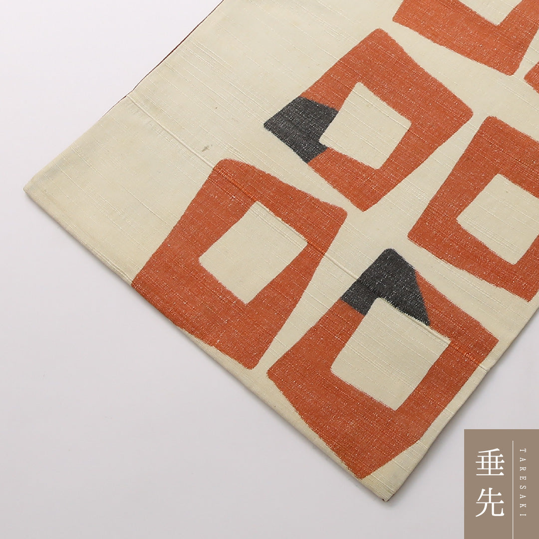 袋帯（紬） 帯丈442cm 正絹 全通 カジュアル 創作柄 クリーム系 1243-01673